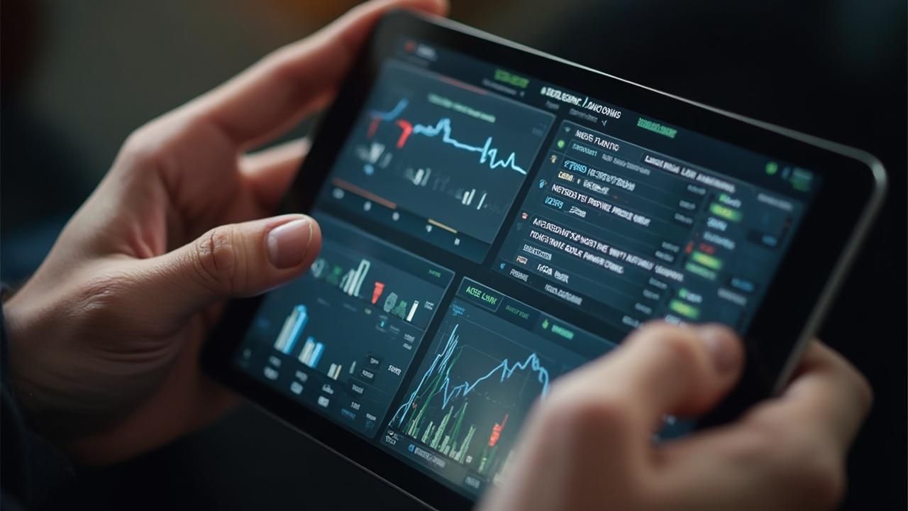 Mains tenant une tablette affichant des graphiques et données financières