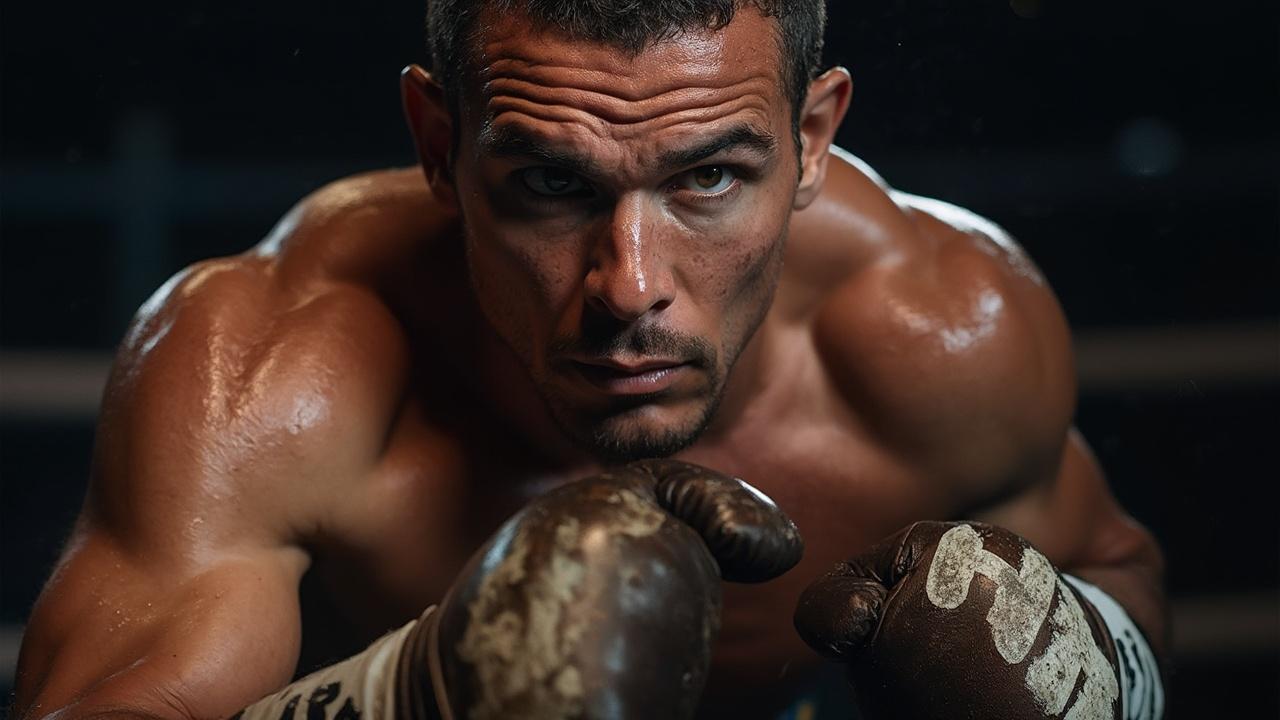 Un homme musclé, le visage tendu, prêt pour un combat de boxe.