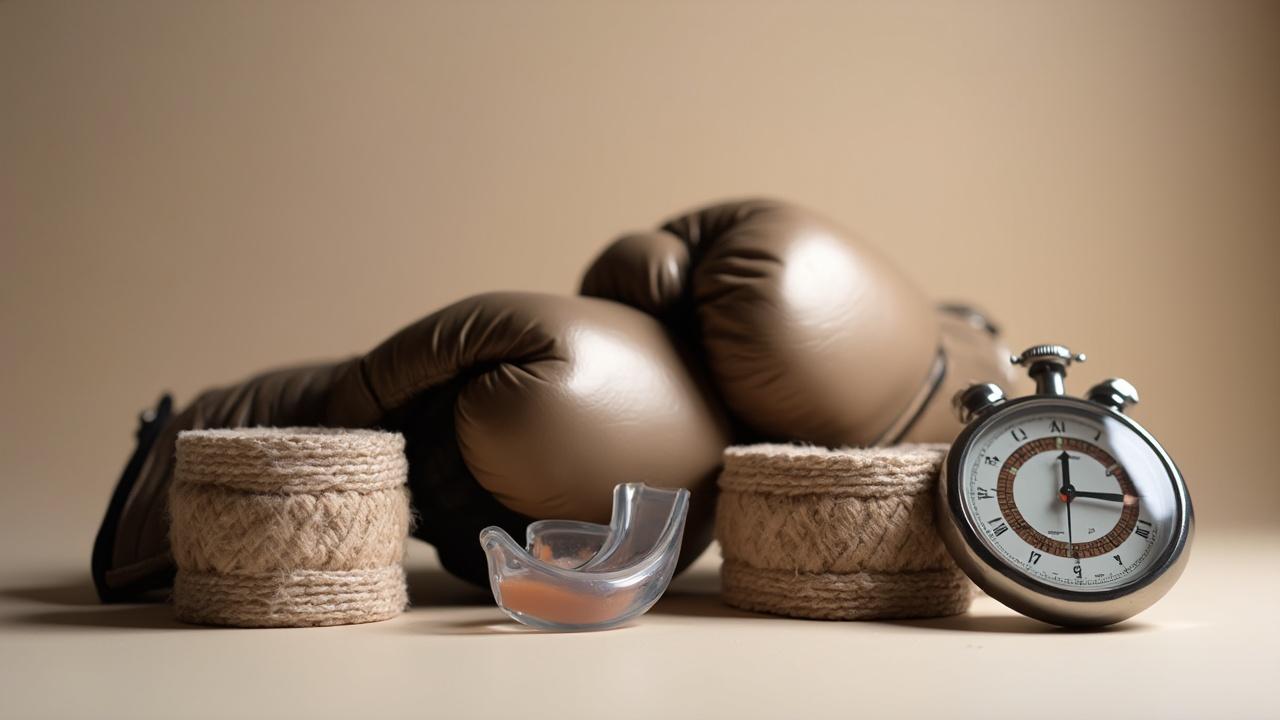 Image montrant un combattant de boxe fatigué reposant sur des cordes, avec une horloge à proximité.