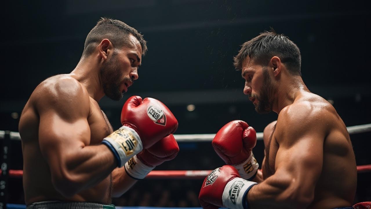 Deux boxeurs s'affrontent dans un combat intense sur le ring.