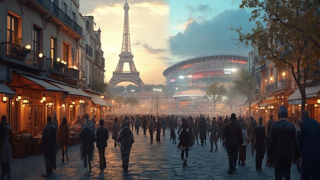 Vue de la foule sur une rue de Paris avec la Tour Eiffel à l'arrière-plan.