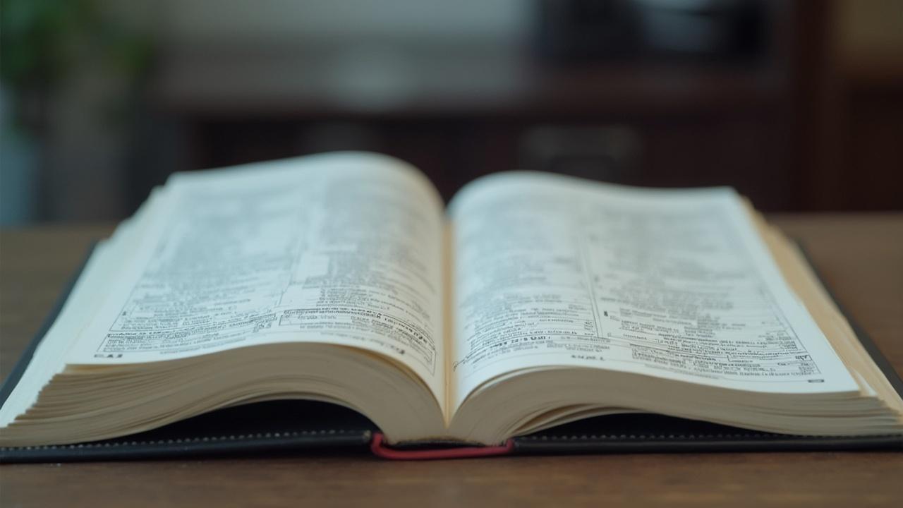 Image d'un livre ouvert sur un bureau en bois, pages détaillées.