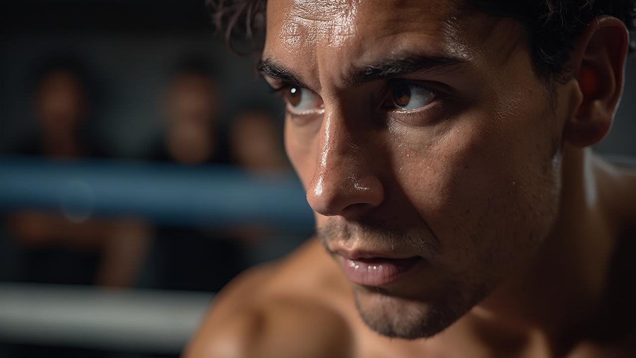 Gros plan du visage d'un homme au regard sombre et concentré