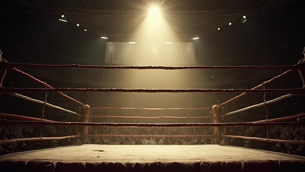 Rings de boxe sombre avec des projecteurs brillants sur le côté