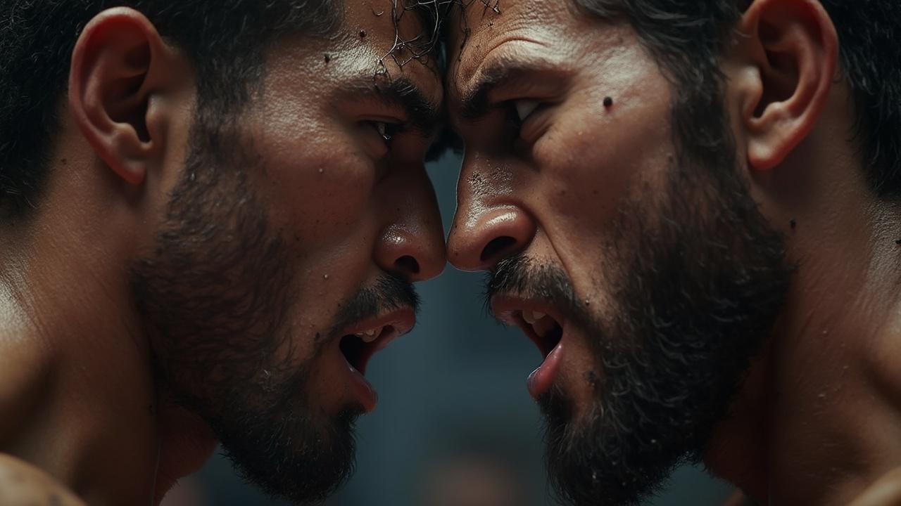 Deux hommes barbus se confrontent, expression de colère intense sur leurs visages